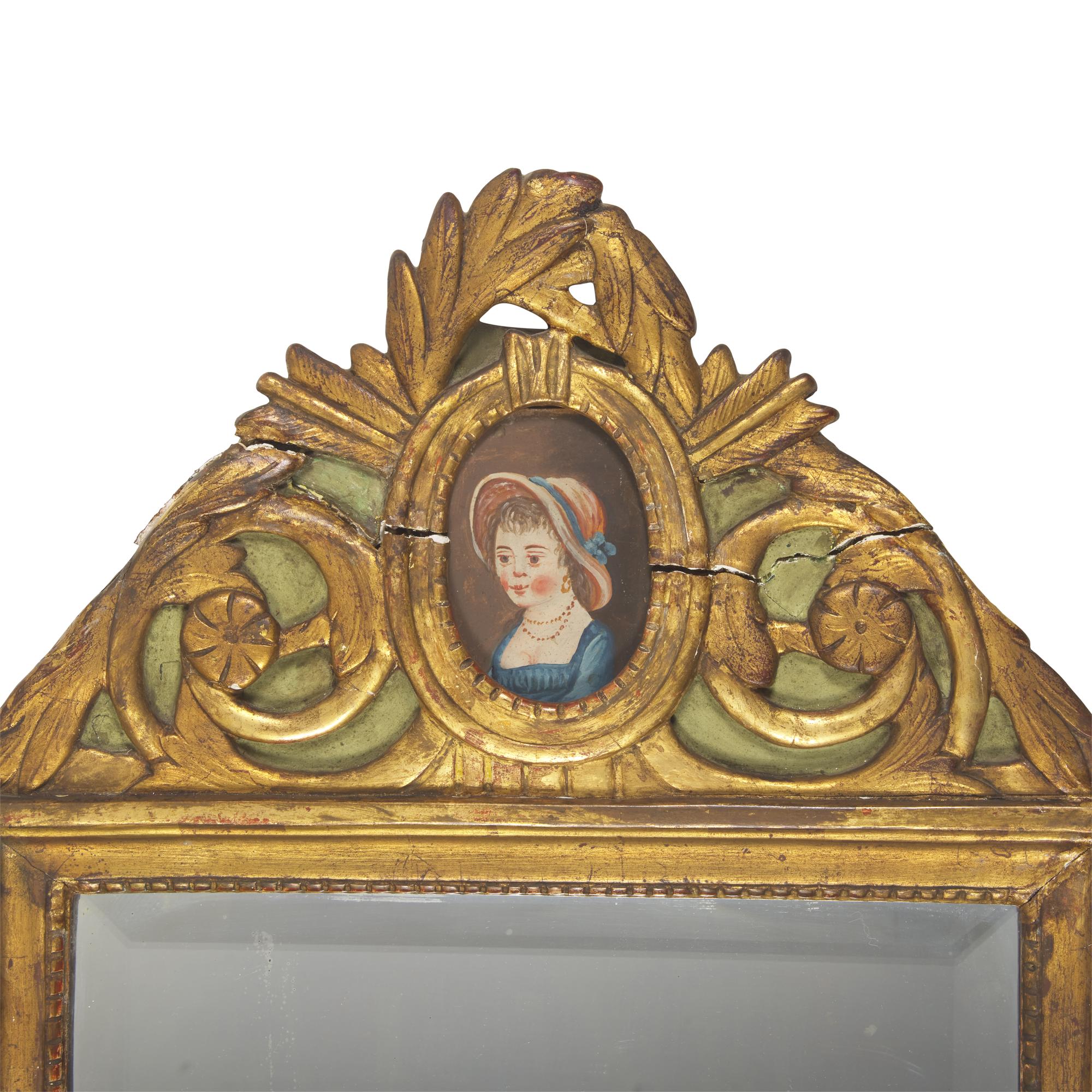 A Neoclassical Green-Painted and Parcel-Gilt Mirror Inset with Portrait of a Lady