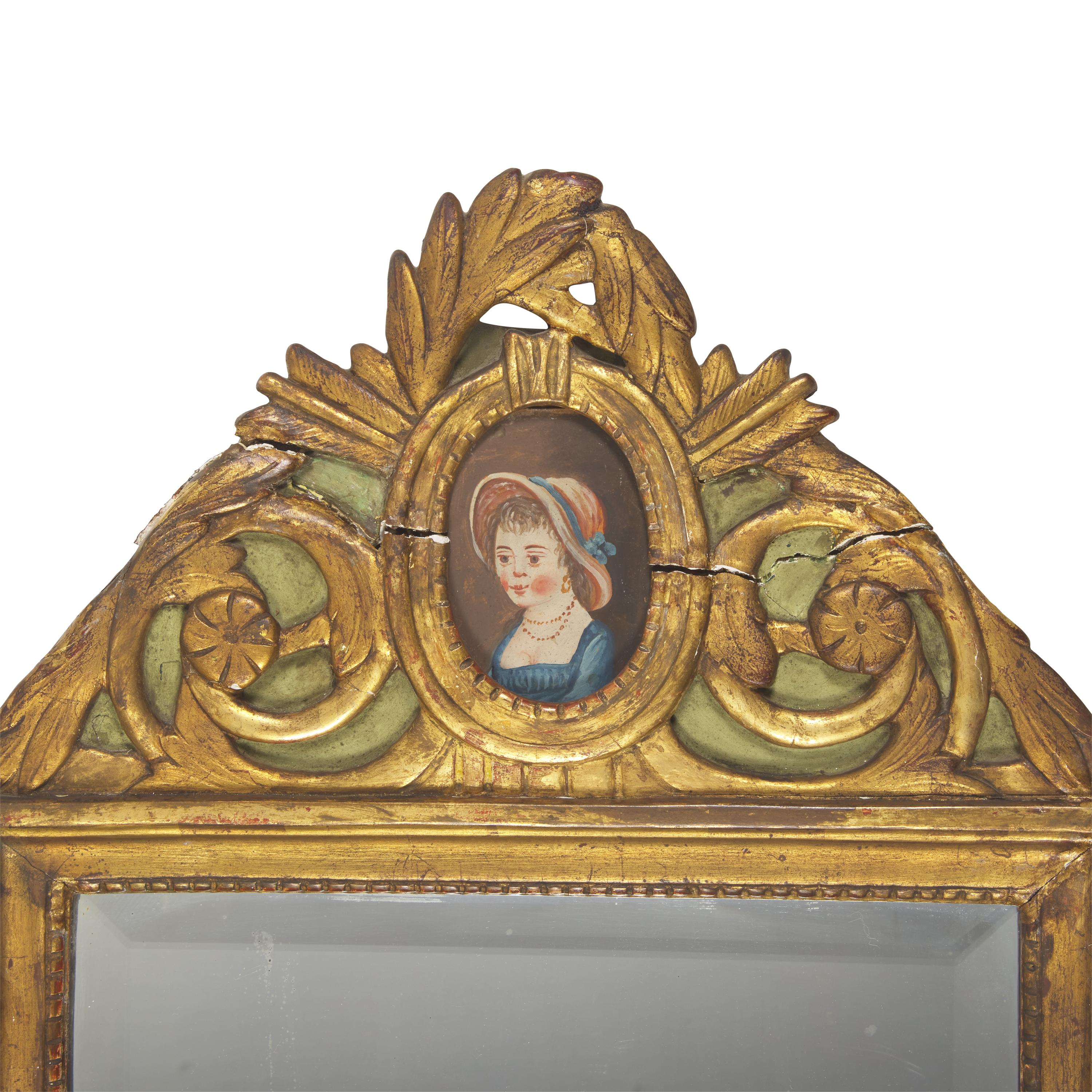 A Neoclassical Green-Painted and Parcel-Gilt Mirror Inset with Portrait of a Lady
