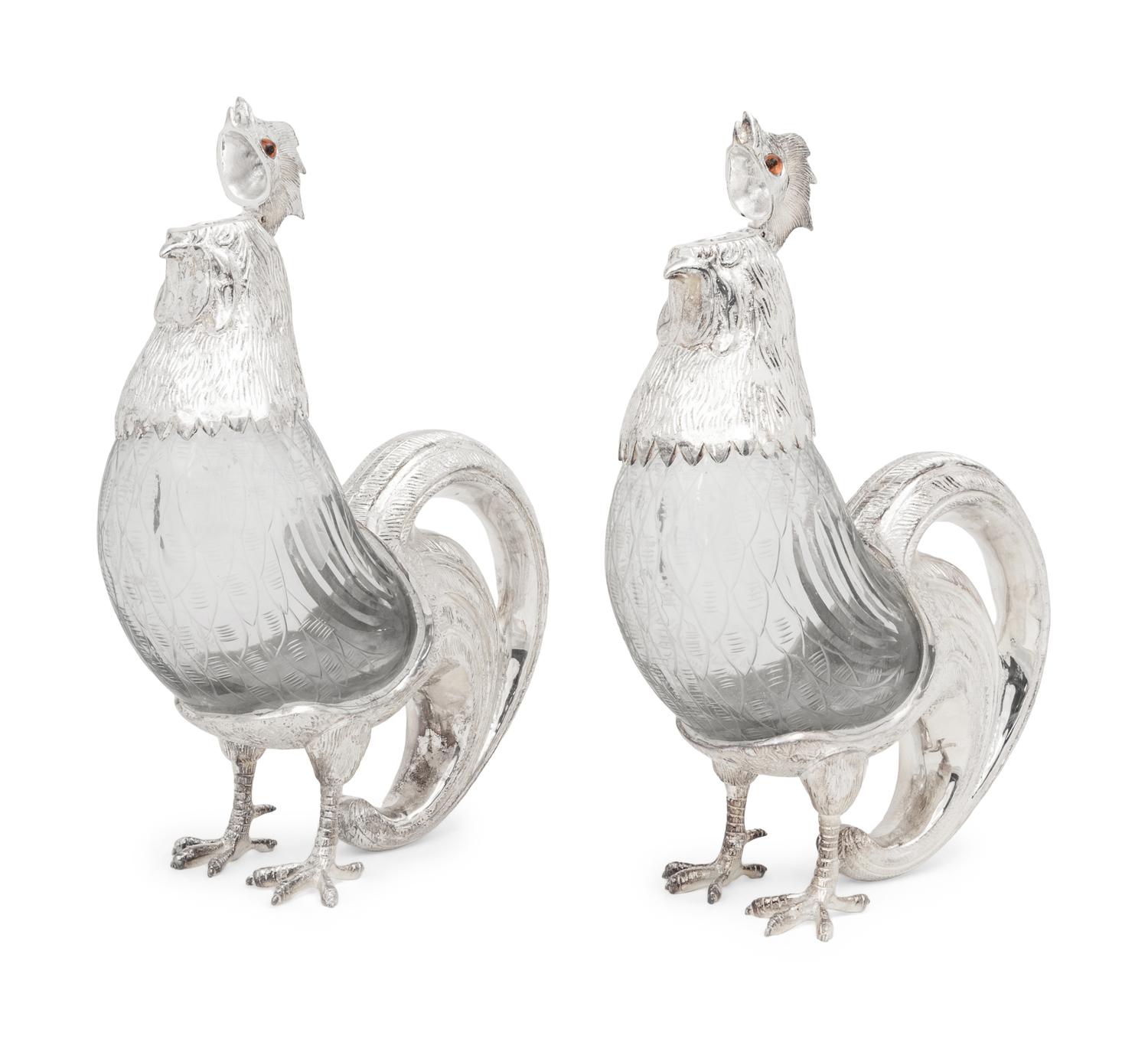 A Pair of Silver-Plate and Glass Cockerel Decanters