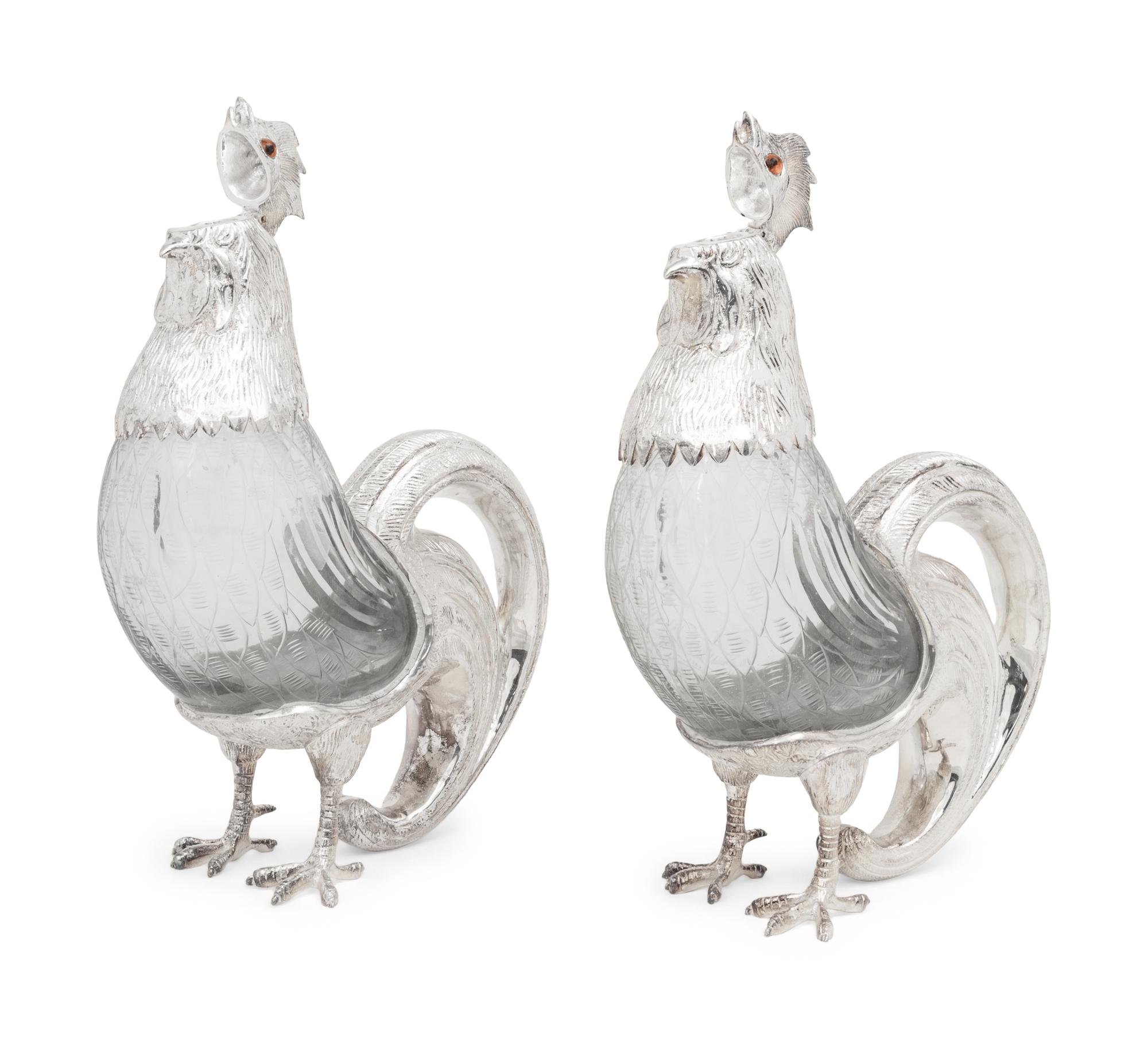 A Pair of Silver-Plate and Glass Cockerel Decanters