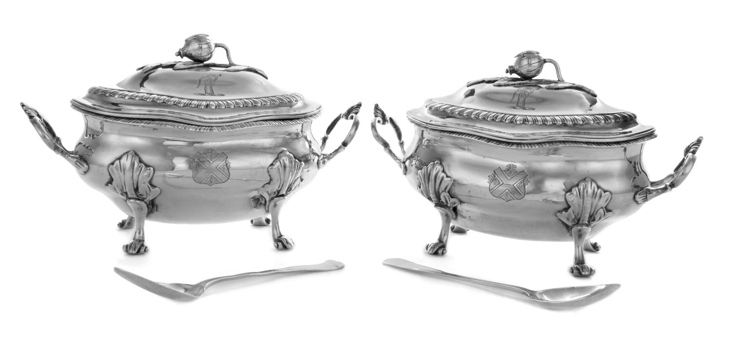 A Pair of George III Silver Sauce Tureens, John Robins, London, 1800, each domed lid surmounted by a pomegranate finial and engraved wi