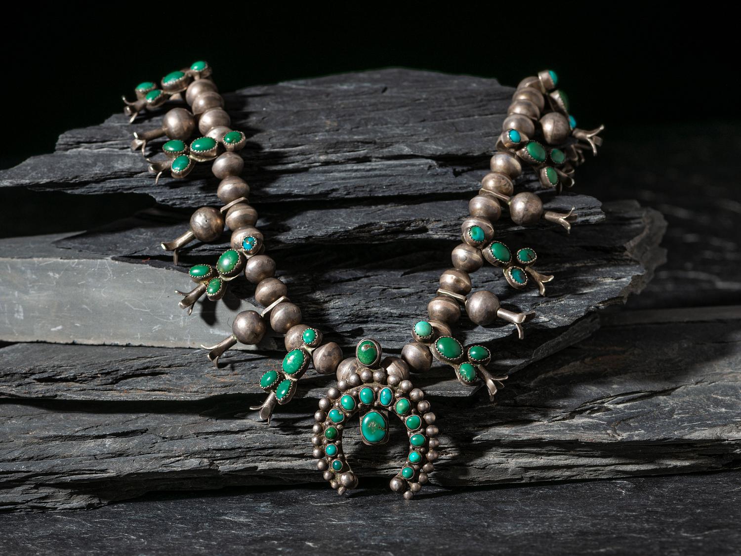 Navajo Child's Silver and Turquoise Cluster Squash Blossom Necklace