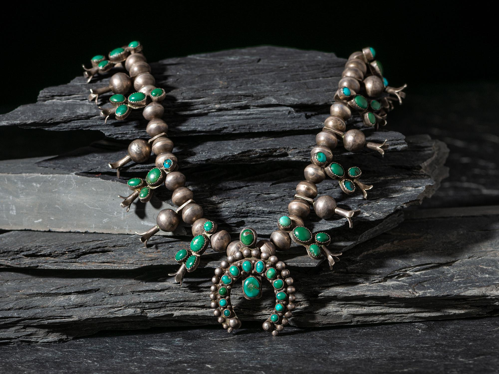 Navajo Child's Silver and Turquoise Cluster Squash Blossom Necklace