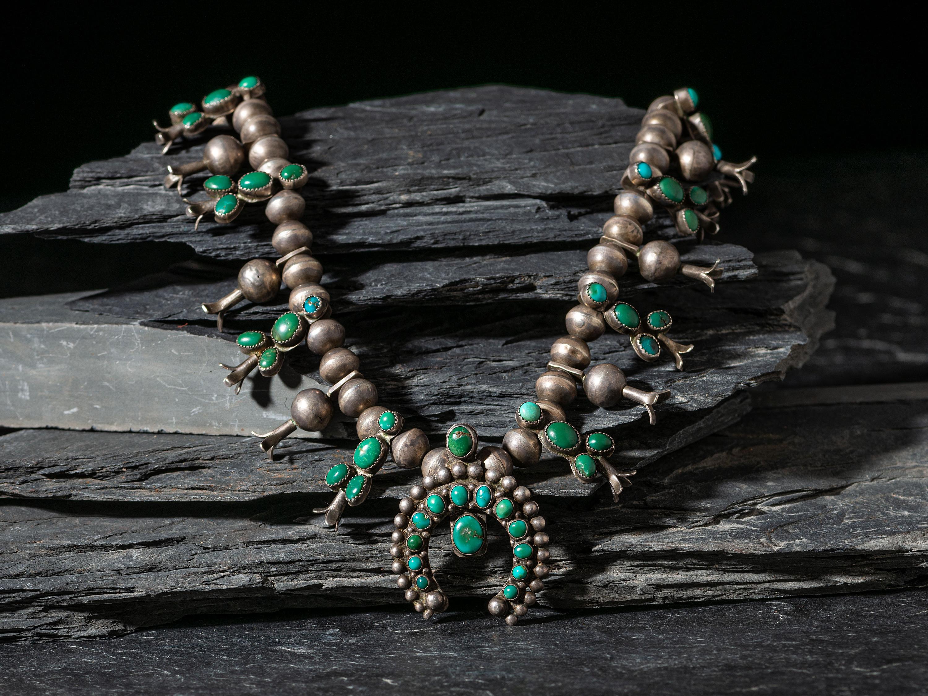 Navajo Child's Silver and Turquoise Cluster Squash Blossom Necklace