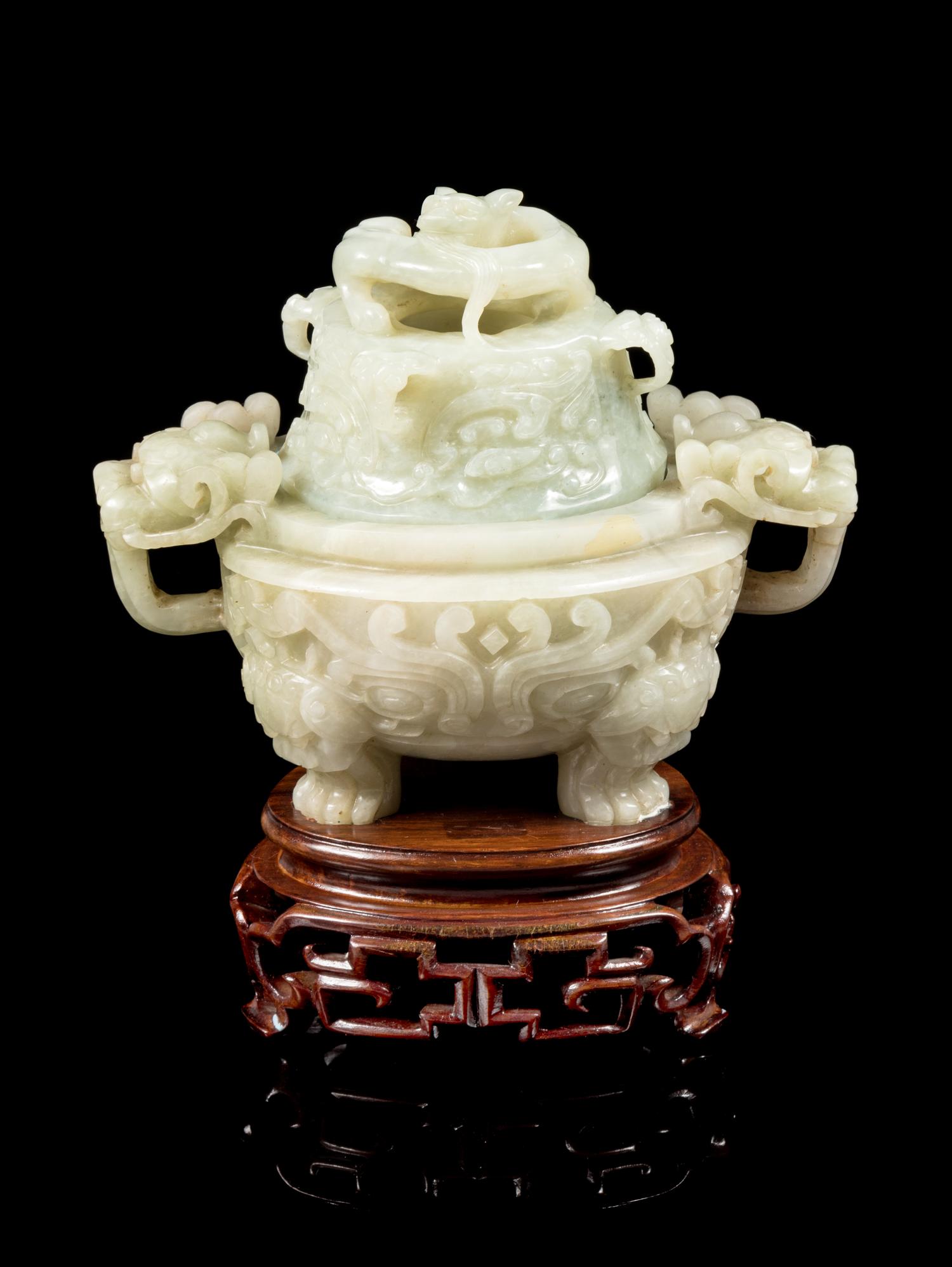 A Celadon Jade 'Taotie' Incense Burner Height 4 3/4 inches. — 19TH/EARLY 20TH CENTURY