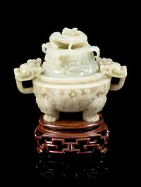 A Celadon Jade 'Taotie' Incense Burner Height 4 3/4 inches. — 19TH/EARLY 20TH CENTURY