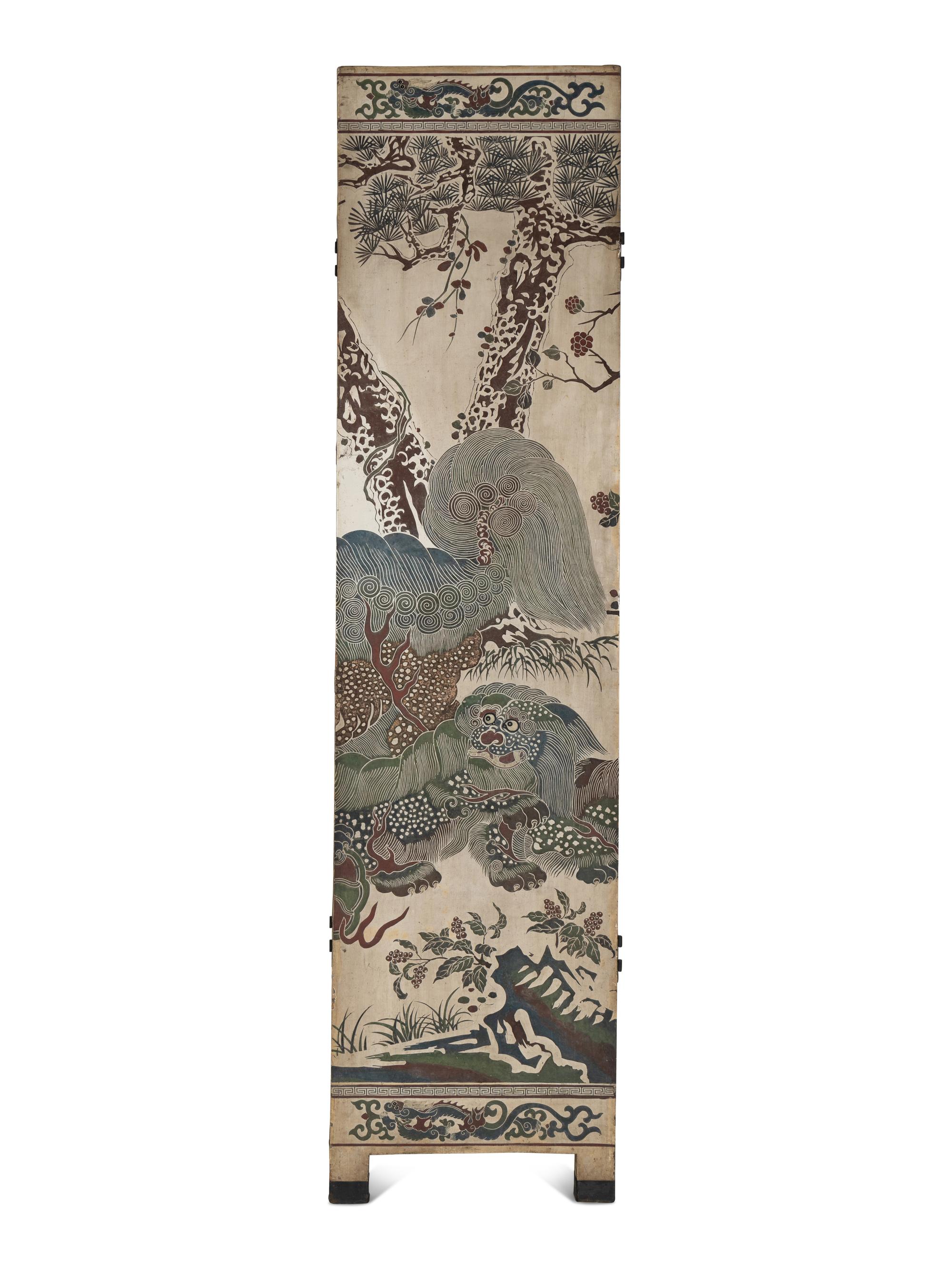 A Large Polychrome Lacquered Six-Panel Floor Screen