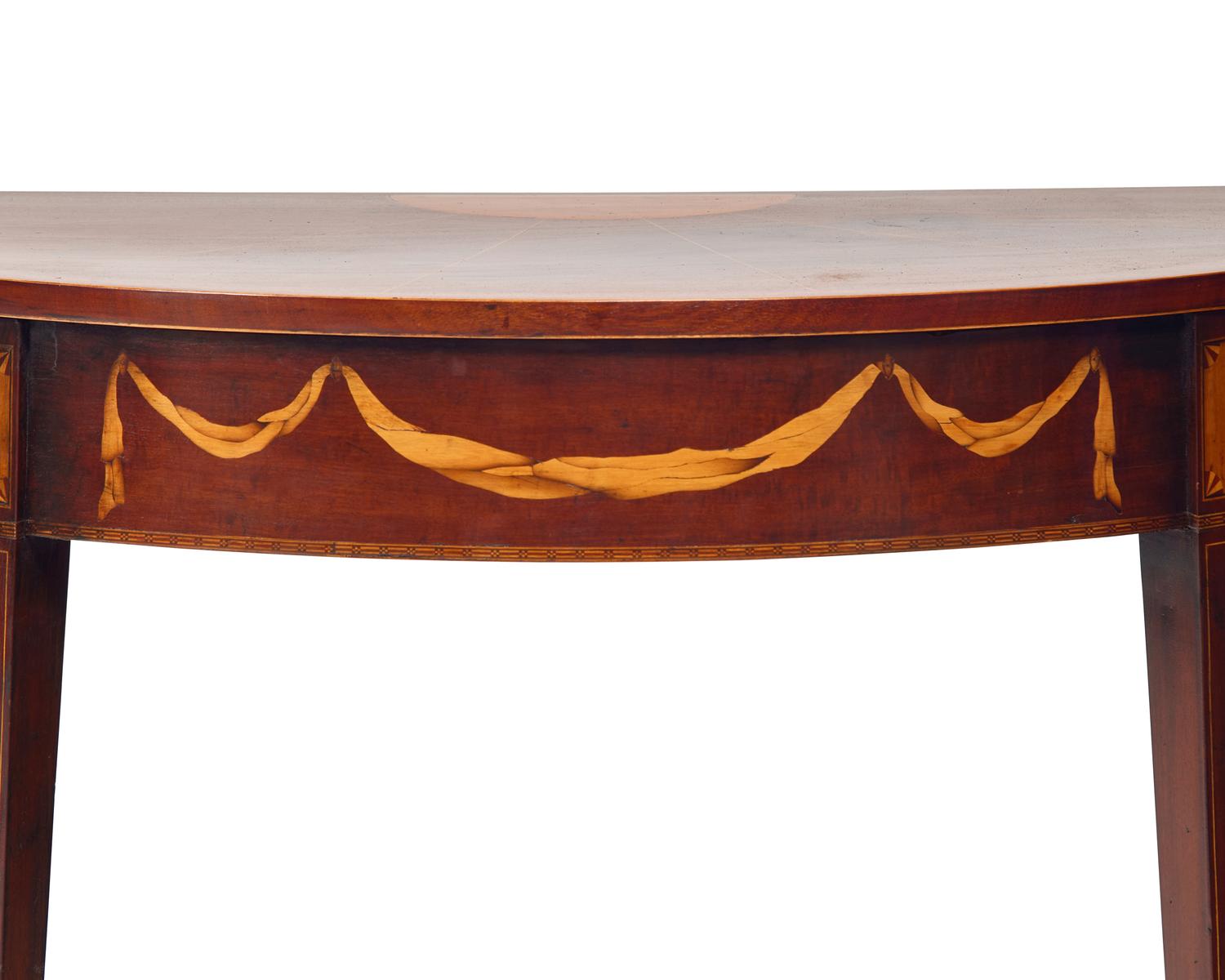 A Fine Pair of Federal Demilune Inlaid Mahogany and Satinwood Console Tables