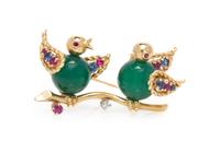 A 14 Karat Yellow Gold, Diamond and Gemstone Bird Brooch, 7.90 dwts.