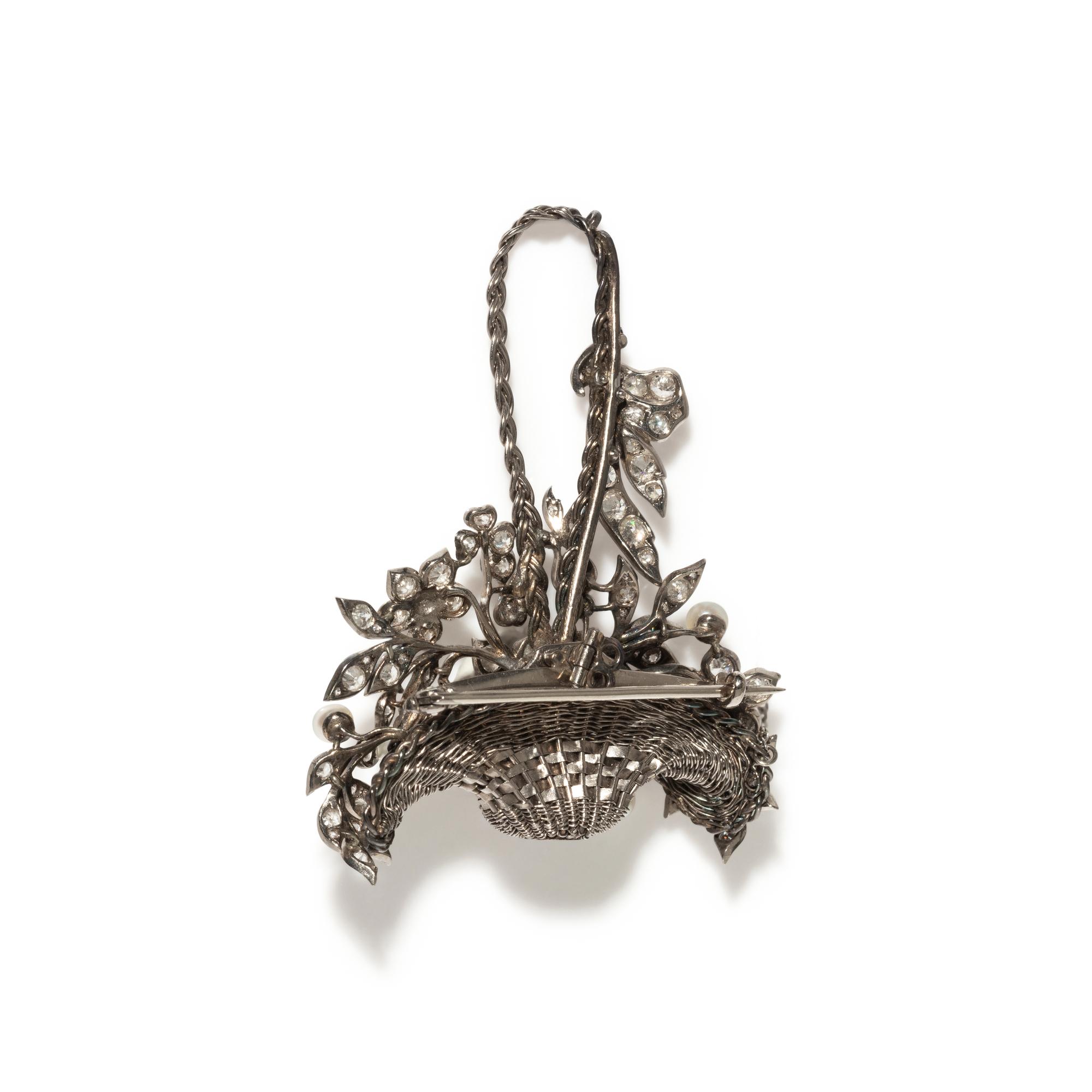 DIAMOND AND PEARL FLOWER BASKET BROOCH