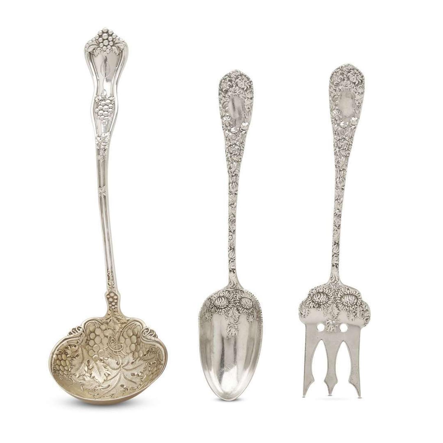 Group of three sterling silver serving utensils punch ladle by Bailey, Banks & Biddle, Philadelphia, PA, late 19th cen