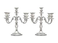 A Pair of American Silver Floral Repousse Five-Light Candelabra
