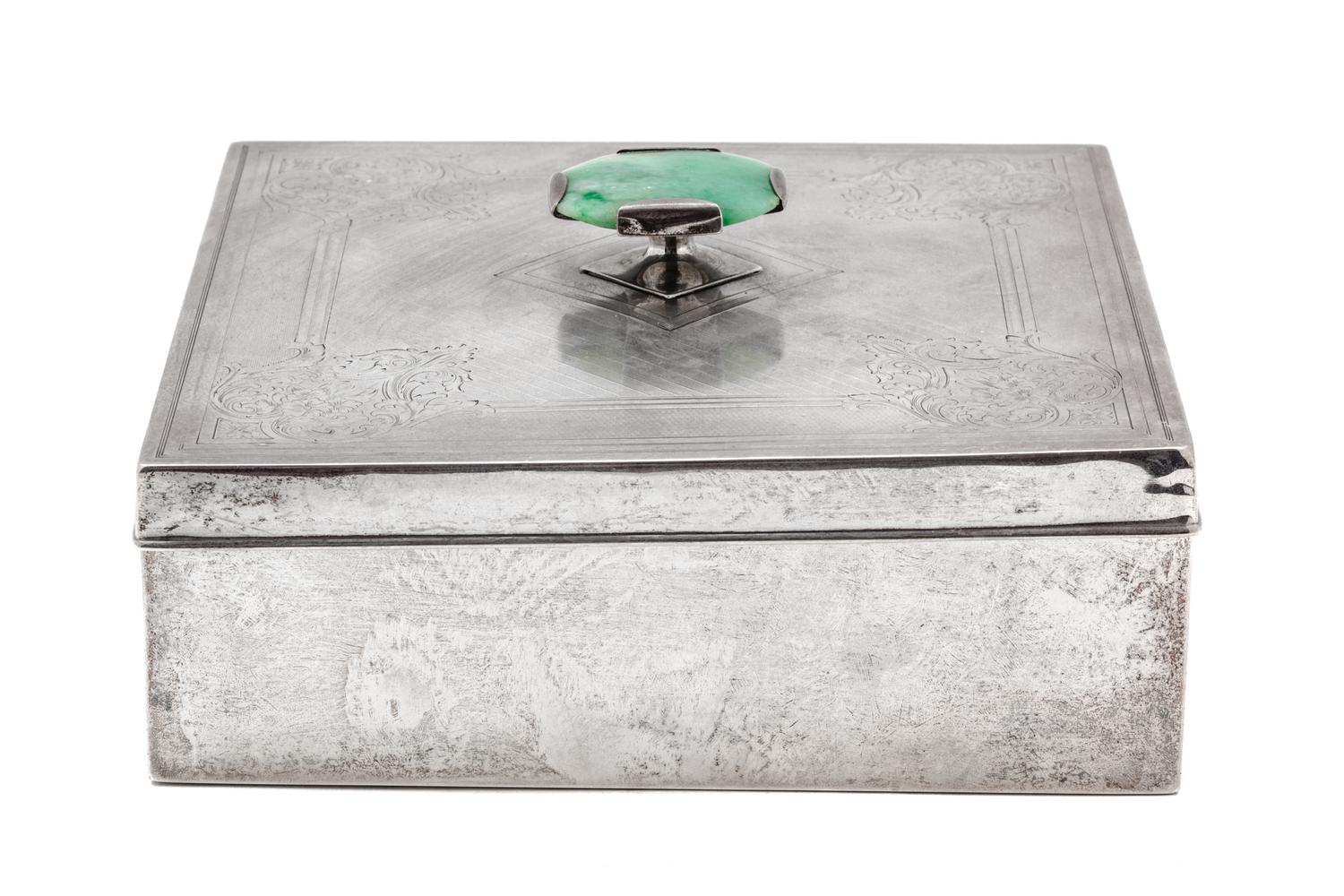 A Sterling Silver Square Form Box with Cover, The Sweetser Co., New York, Early 20th century, having a jade finial.