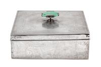 A Sterling Silver Square Form Box with Cover, The Sweetser Co., New York, Early 20th century, having a jade finial.