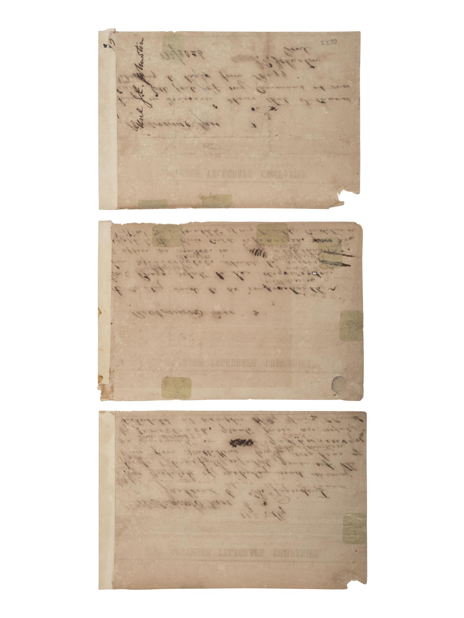[CIVIL WAR]. Encoded CSA telegram from General Joseph Johnston to Jefferson Davis, 6 January 1863.