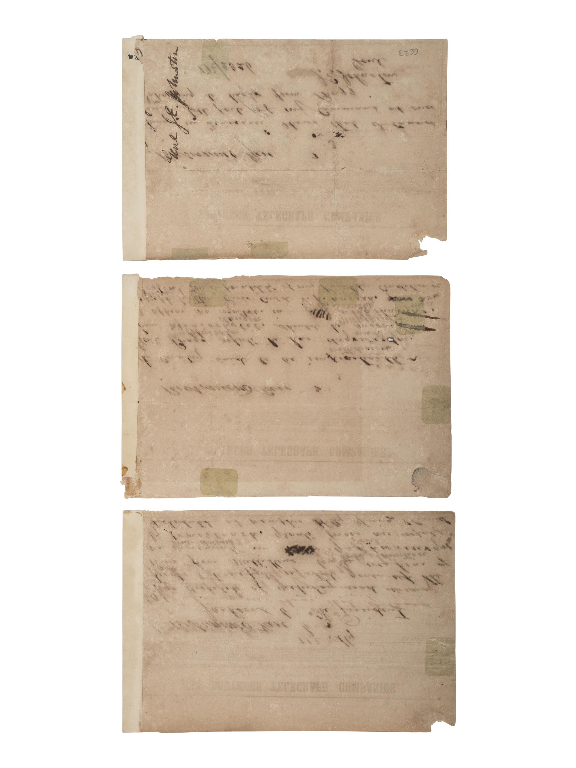 [CIVIL WAR]. Encoded CSA telegram from General Joseph Johnston to Jefferson Davis, 6 January 1863.