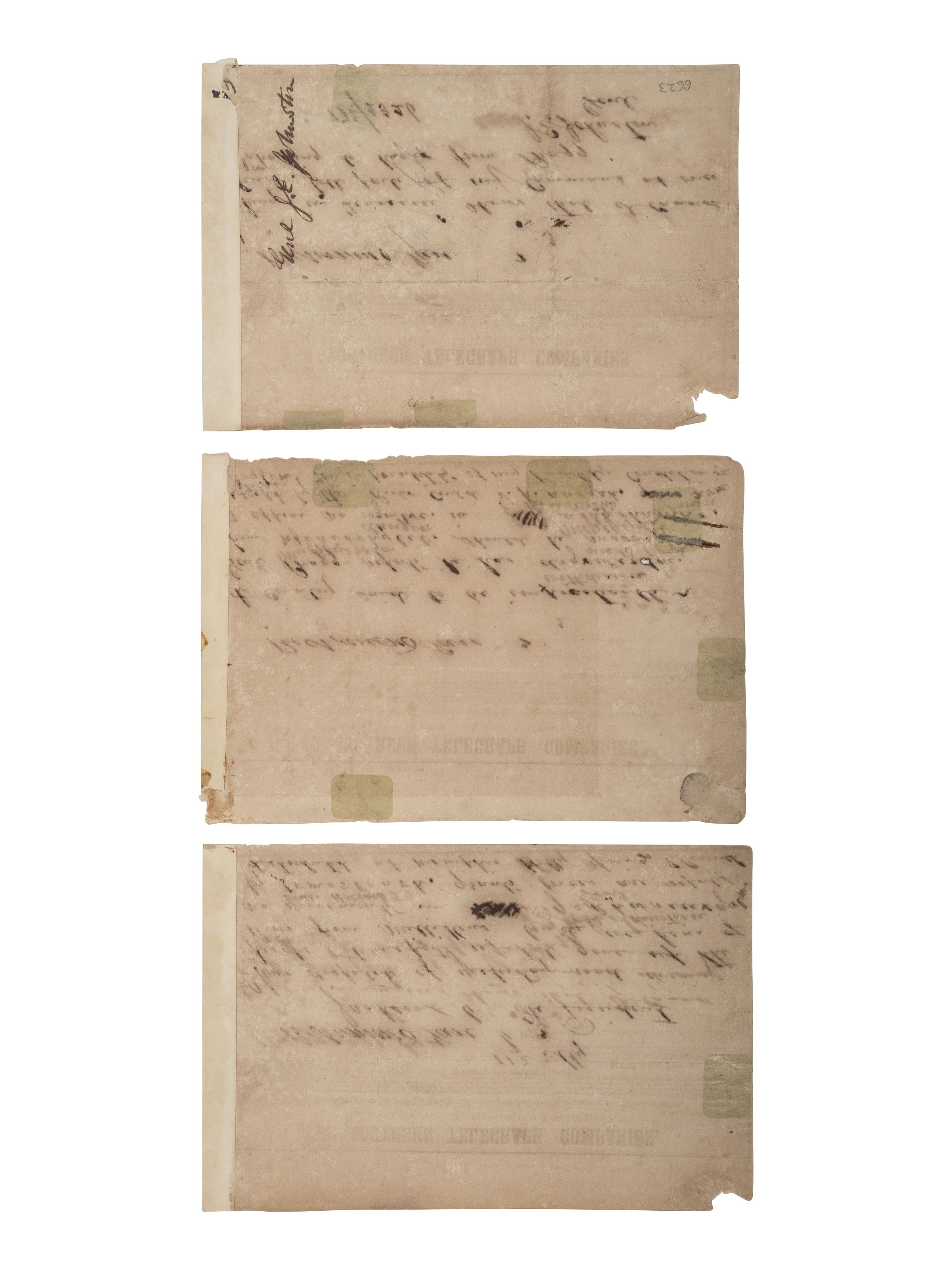 [CIVIL WAR]. Encoded CSA telegram from General Joseph Johnston to Jefferson Davis, 6 January 1863.