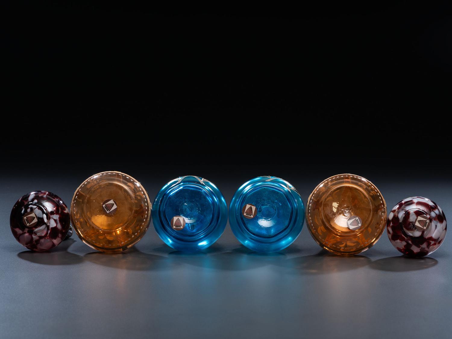 Six Enameled and Gilt Glass Barber Bottles