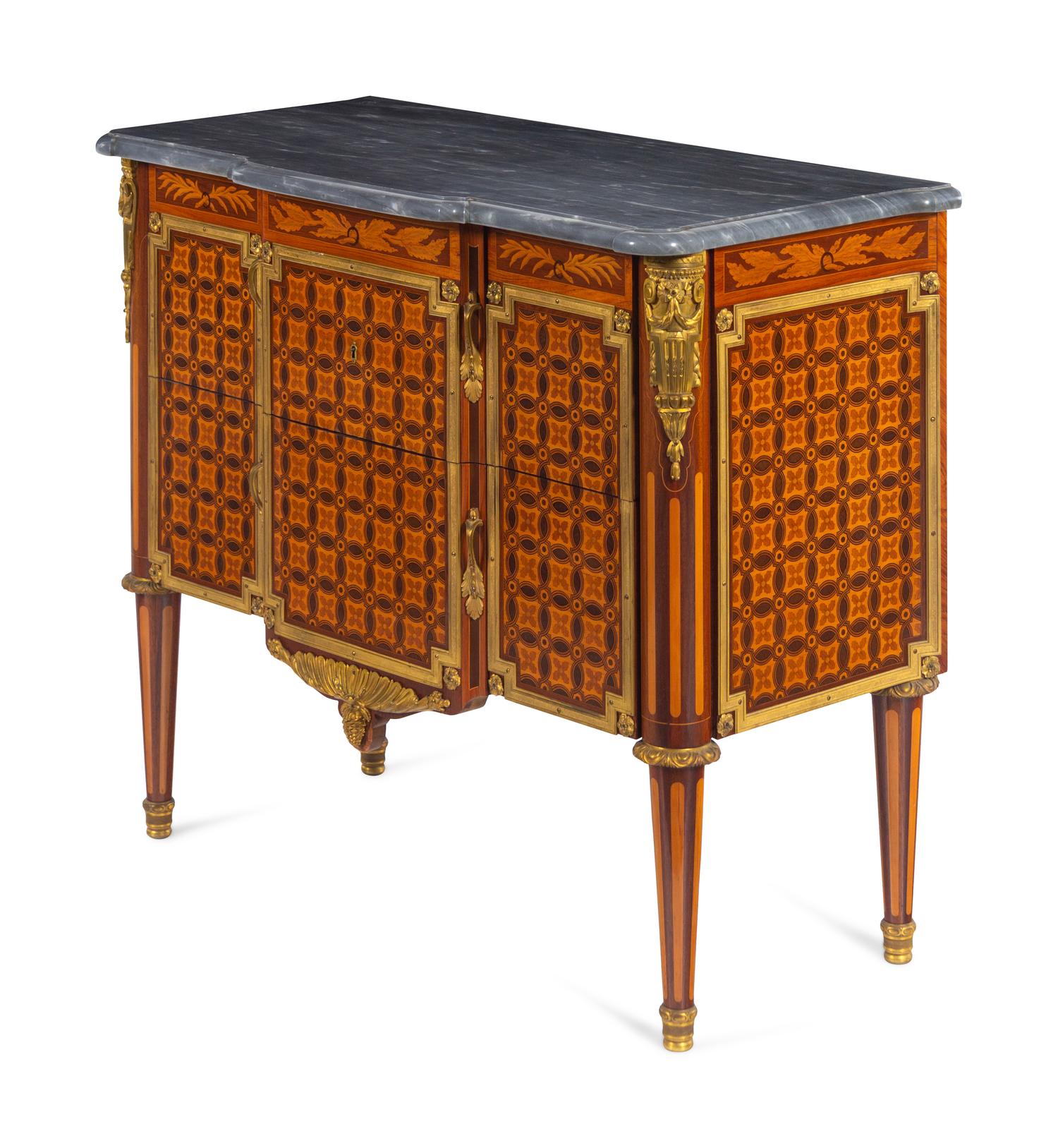 A Pair of Louis XVI Style Gilt Bronze Mounted Marquetry and Parquetry Marble-Top Commodes