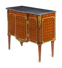 A Pair of Louis XVI Style Gilt Bronze Mounted Marquetry and Parquetry Marble-Top Commodes