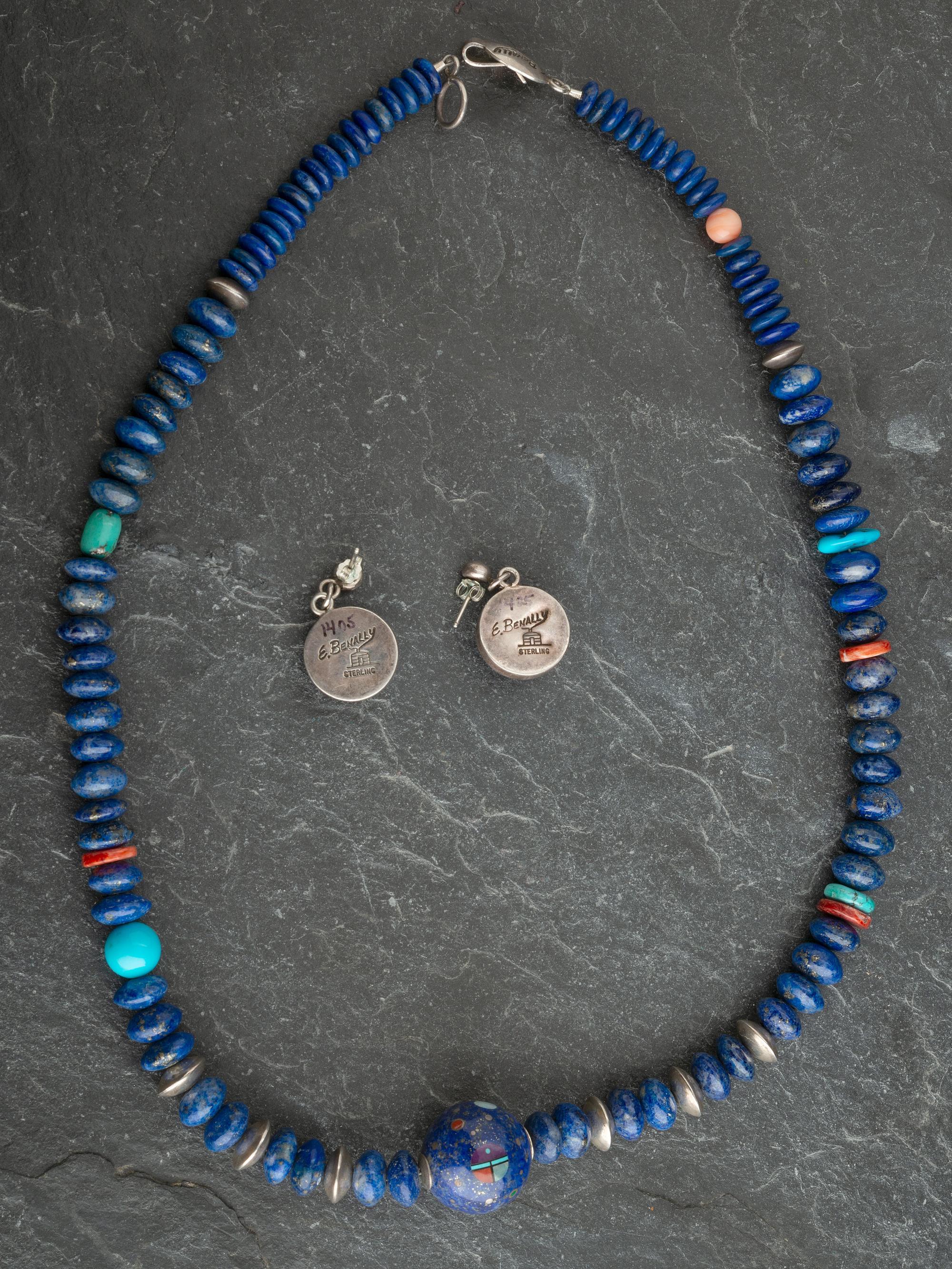 Sterling Silver, Lapis, Spiny Oyster, and Turquoise Necklace and Post Earring Set