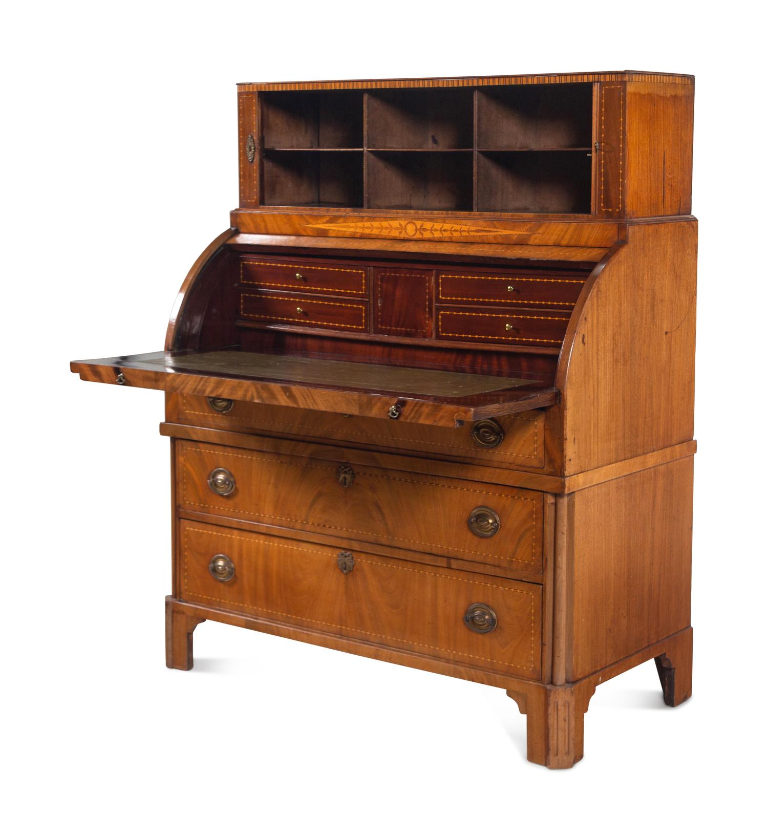 A George III Mahogany and Marquetry Cylinder-Top Bureau