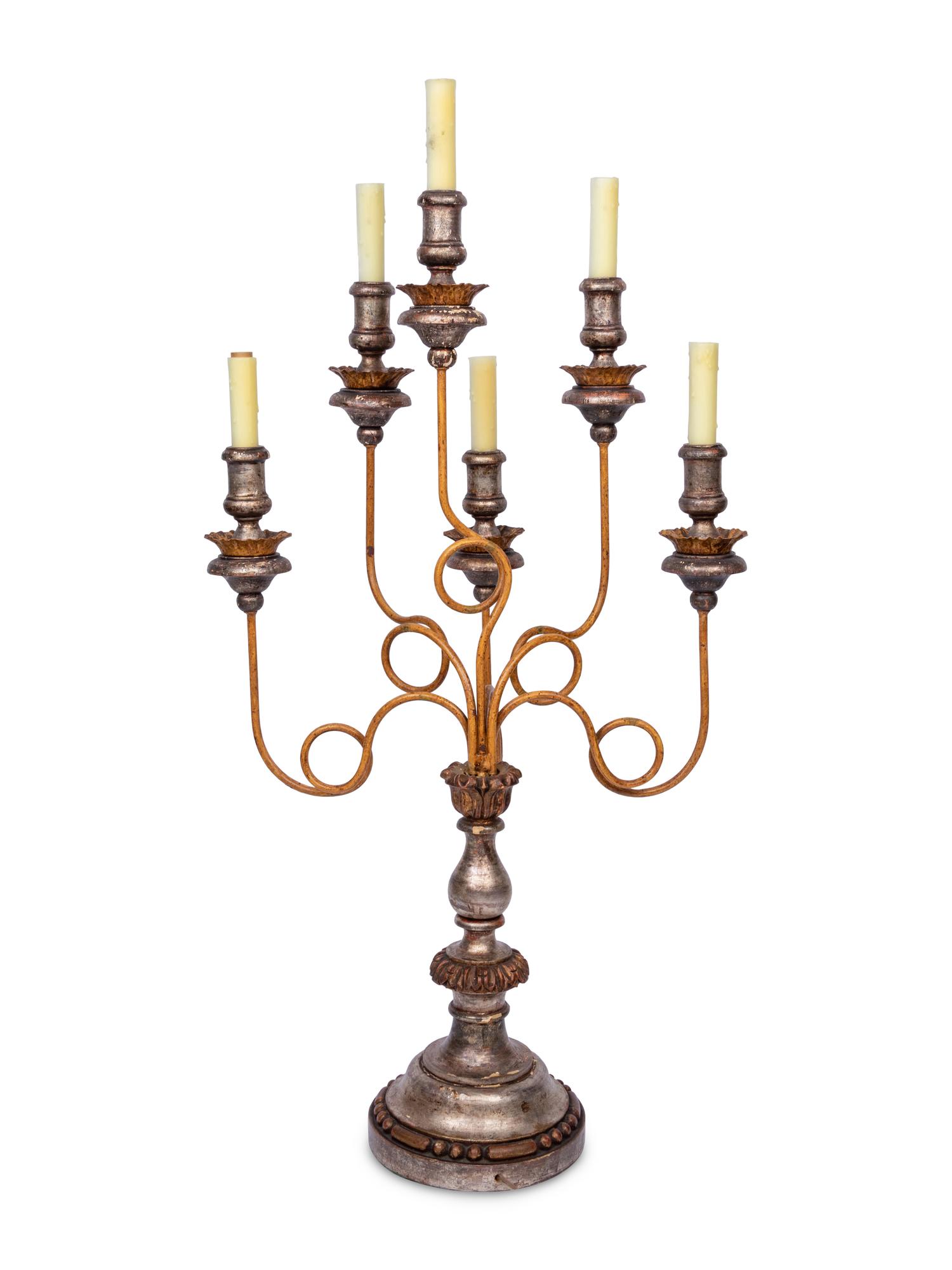 An Italian Silvered and Polychrome-Decorated Six-Light Candelabrum