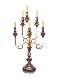 An Italian Silvered and Polychrome-Decorated Six-Light Candelabrum