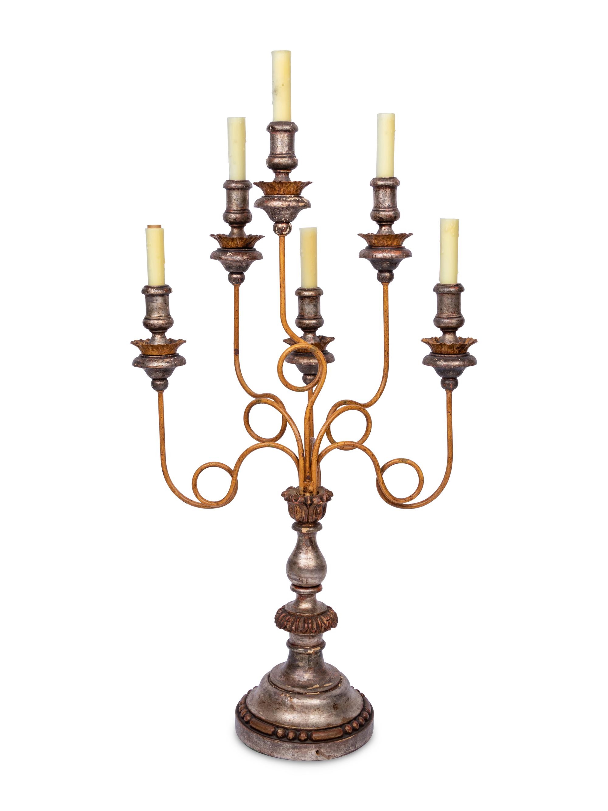 An Italian Silvered and Polychrome-Decorated Six-Light Candelabrum