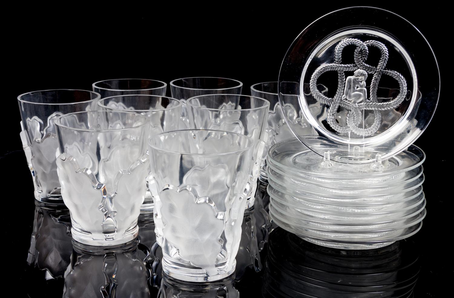 A Set of Nine Lalique Molded and Frosted Glass Plates Diameter of plates 6 1/4 inches. — SECOND HALF 20TH CENTURY