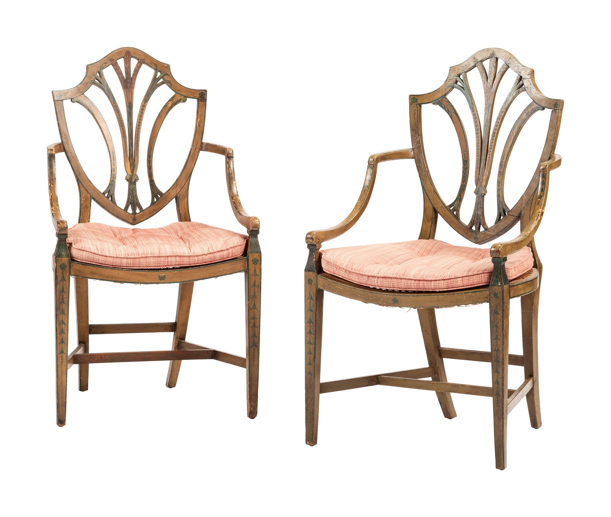 A Pair of George III-Style Polychrome-Painted Shield-Back Armchairs