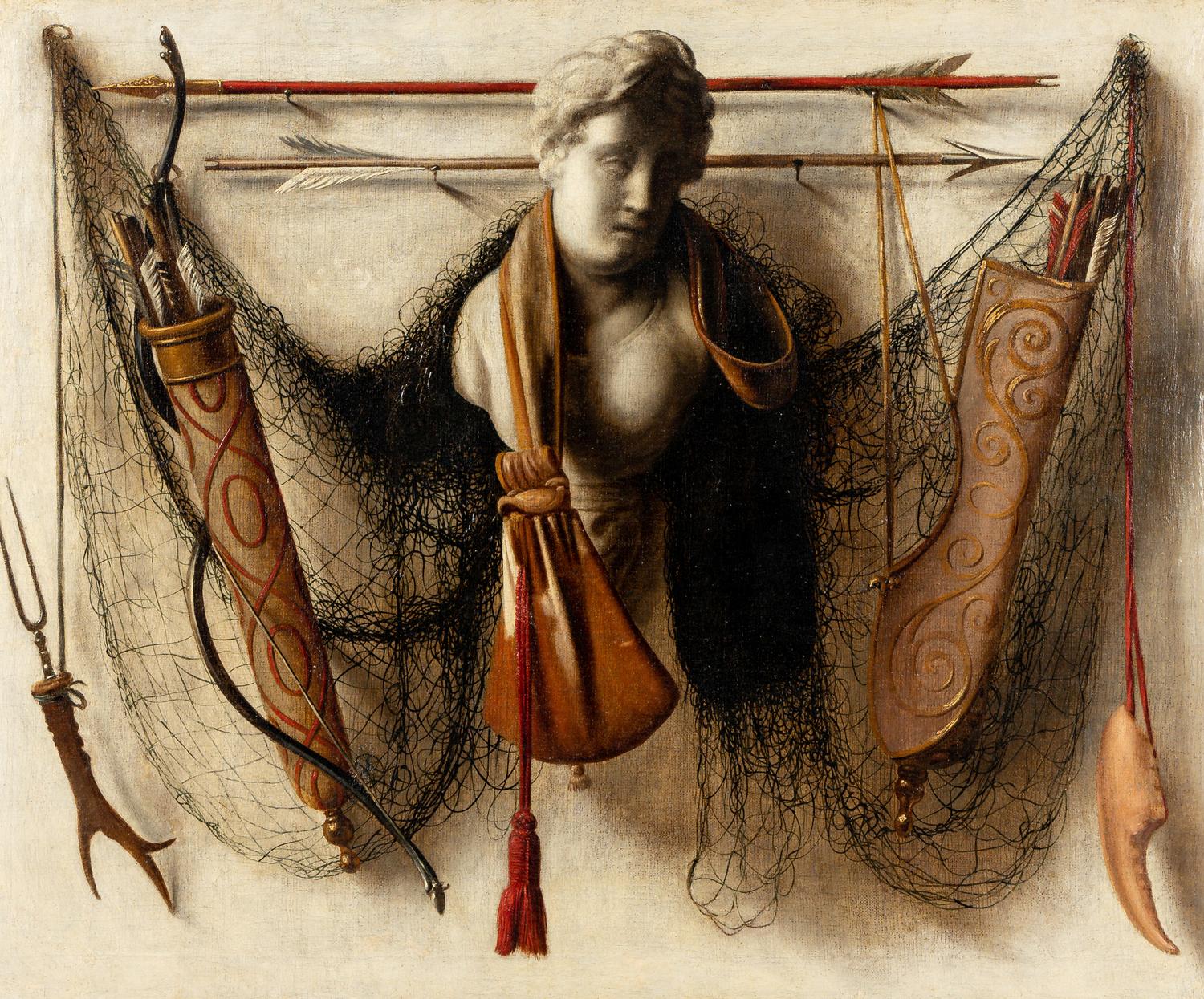Trompe l'oeil Still Life of Arrows, a Bow, Quivers, a Leather Pouch, Netting, a Marble Bust and Other Objects Affixed to a Wall