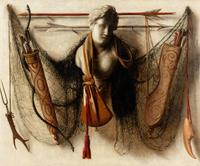 Trompe l'oeil Still Life of Arrows, a Bow, Quivers, a Leather Pouch, Netting, a Marble Bust and Other Objects Affixed to a Wall