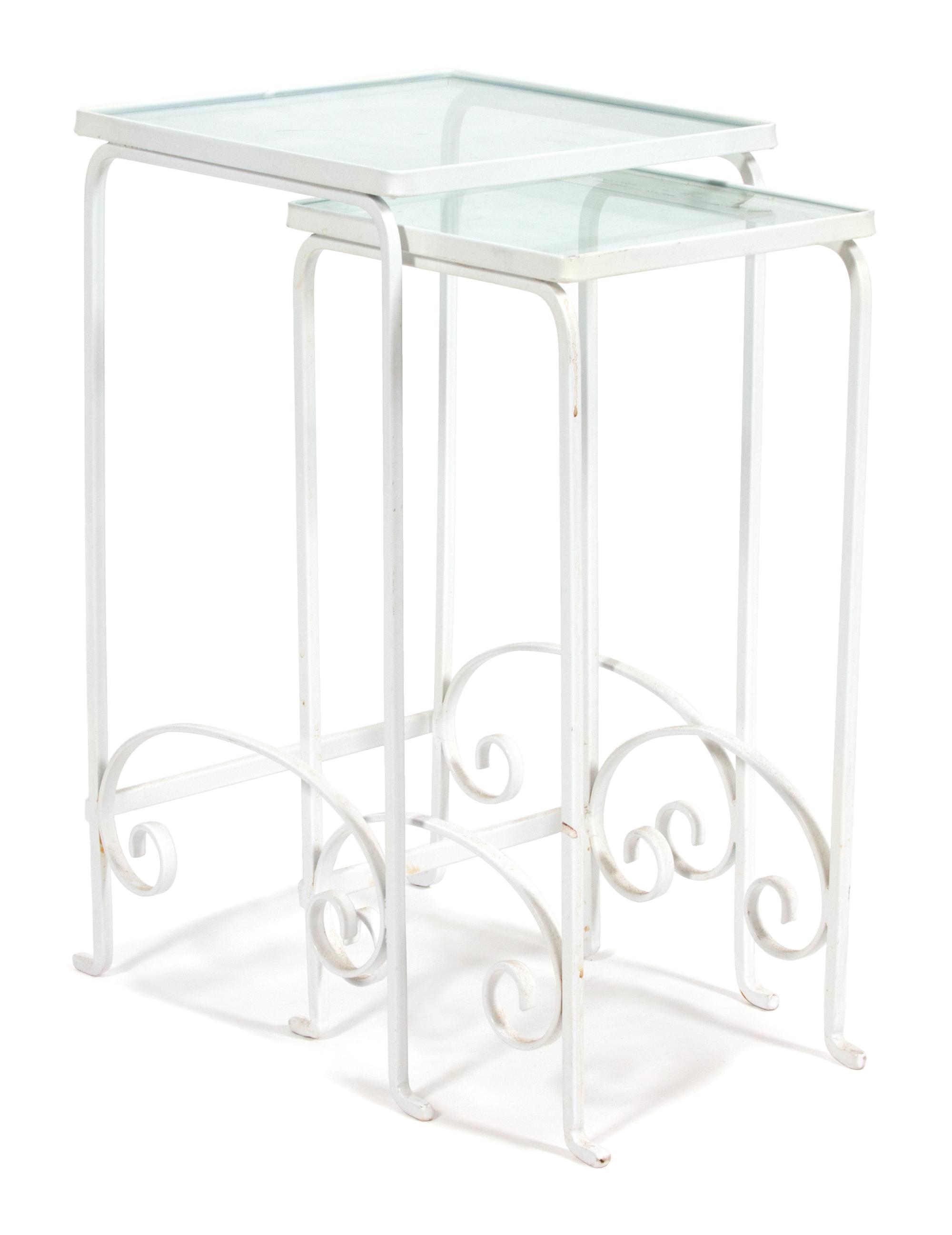 A Group of White Painted Iron Garden Furniture Dining table height 29 x length 60 x width 32 inches. — 20TH CENTURY