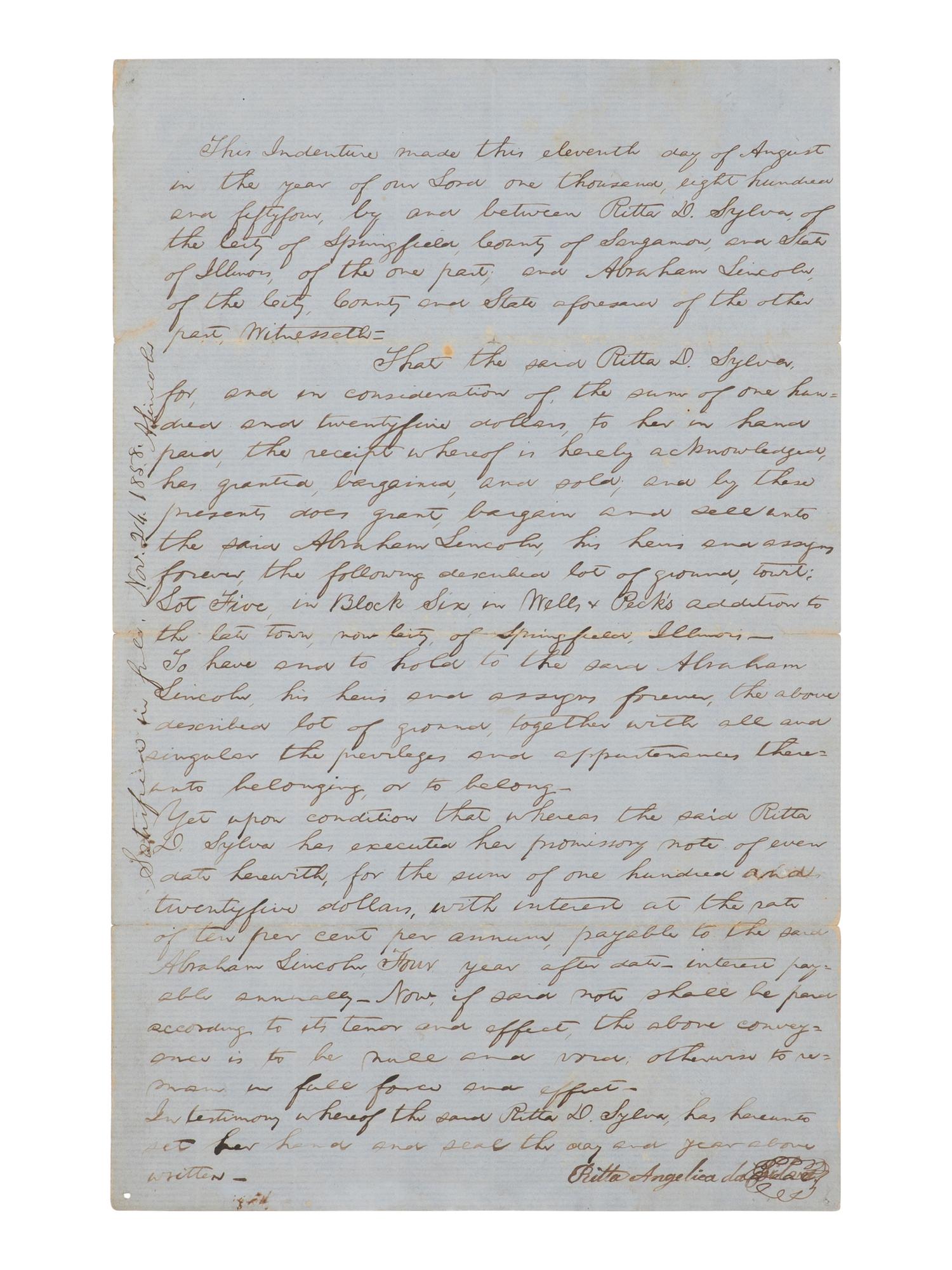 [LINCOLN, Abraham (1809-1865)]. Autograph document endorsed ("A. Lincoln"), Springfield, 11 August 1854.
