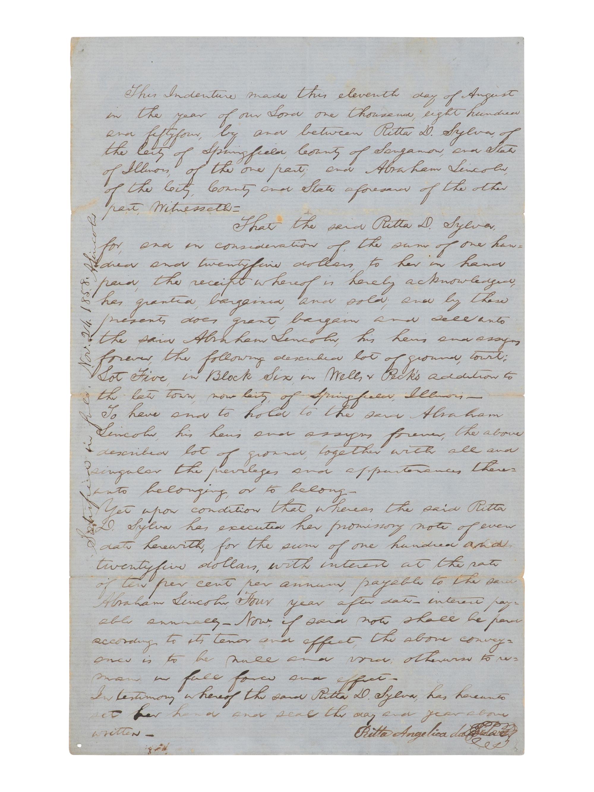[LINCOLN, Abraham (1809-1865)]. Autograph document endorsed ("A. Lincoln"), Springfield, 11 August 1854.