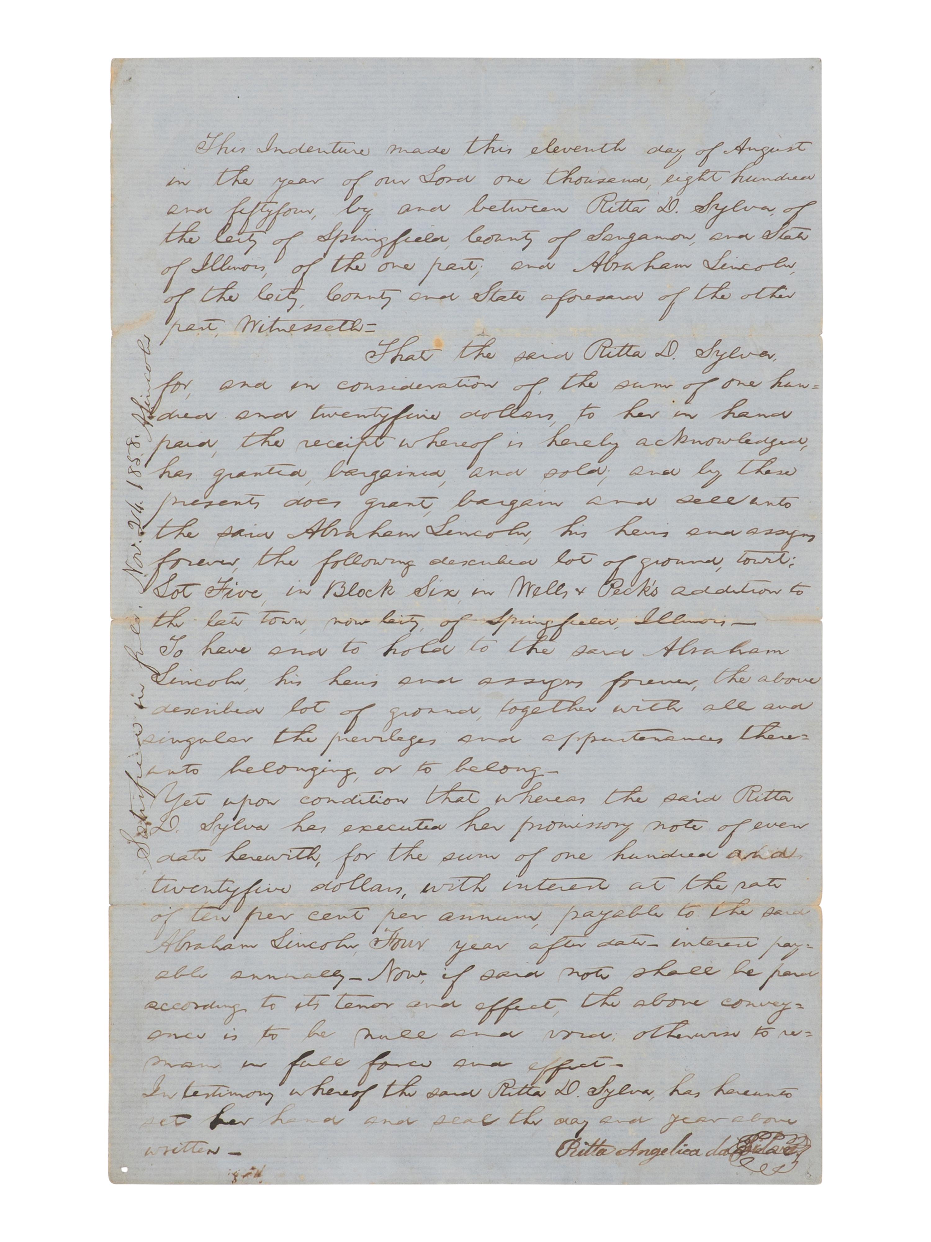 [LINCOLN, Abraham (1809-1865)]. Autograph document endorsed ("A. Lincoln"), Springfield, 11 August 1854.