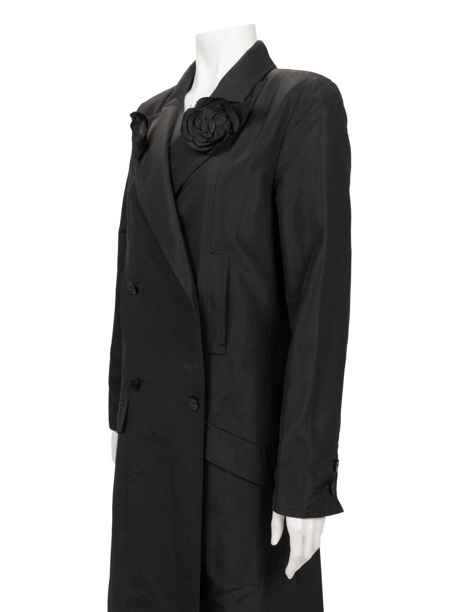 Chanel Double-Breasted Taffeta Coat with Camellia Pins