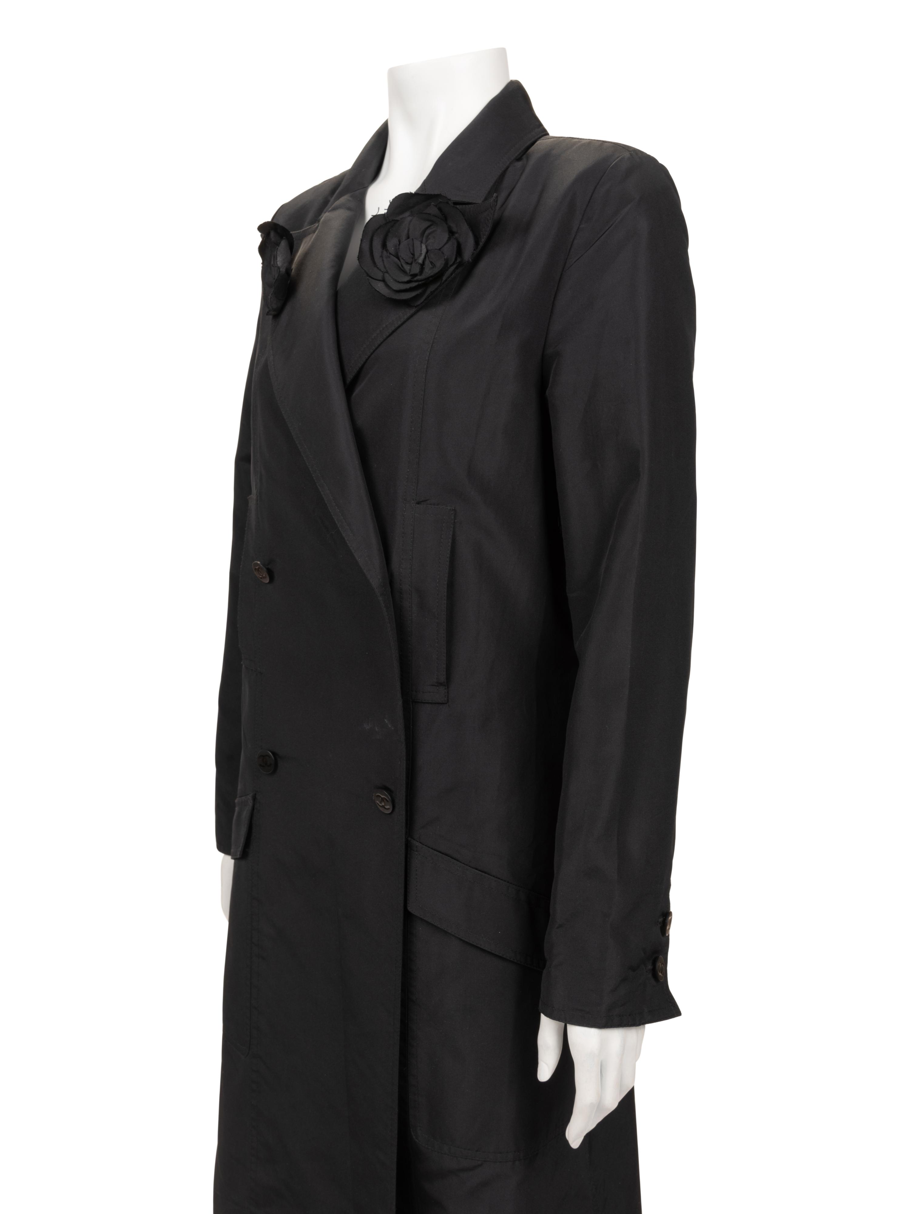 Chanel Double-Breasted Taffeta Coat with Camellia Pins