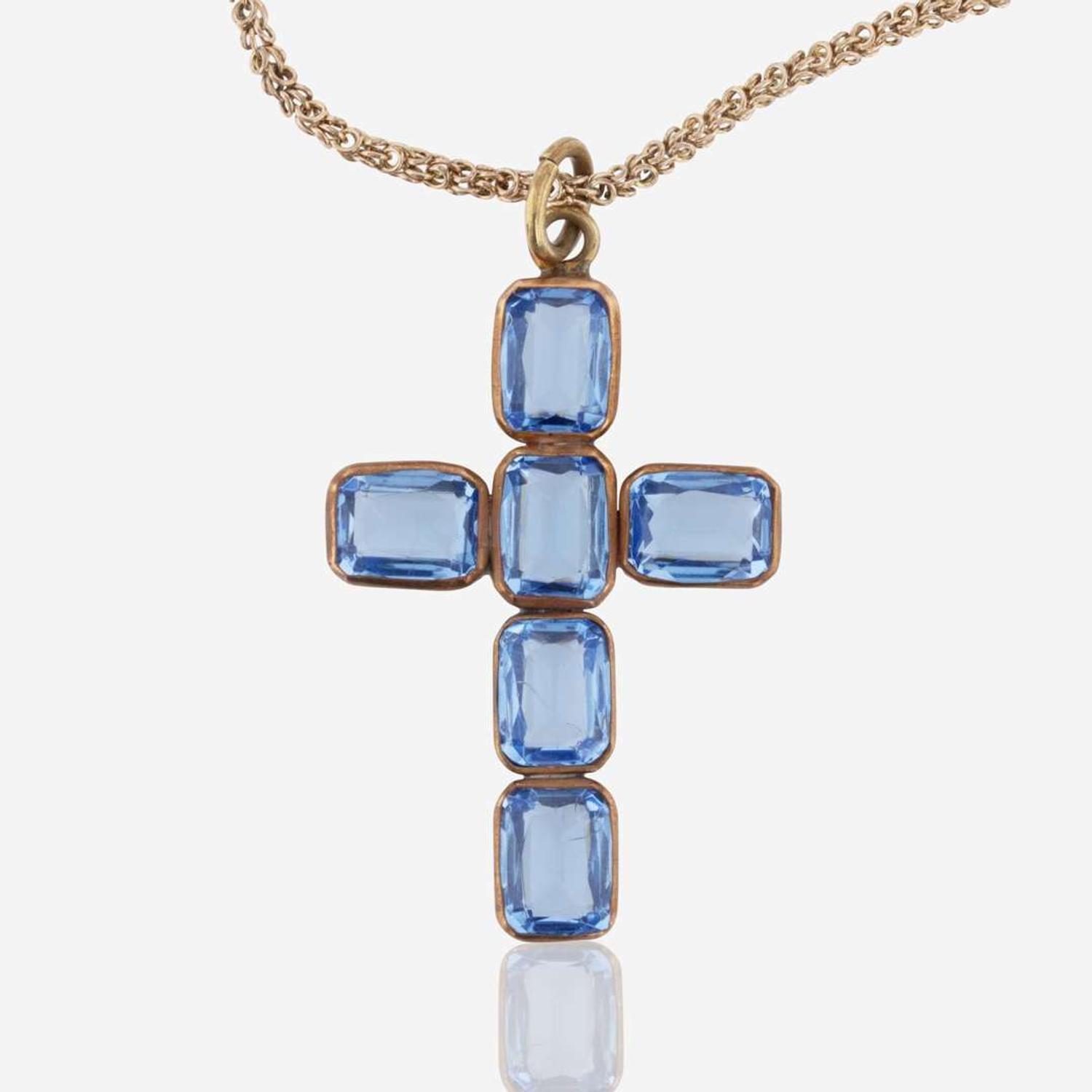 A Rose Gold and Blue Glass Cross Necklace