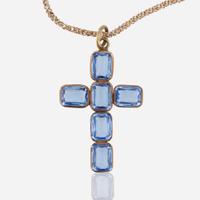 A Rose Gold and Blue Glass Cross Necklace