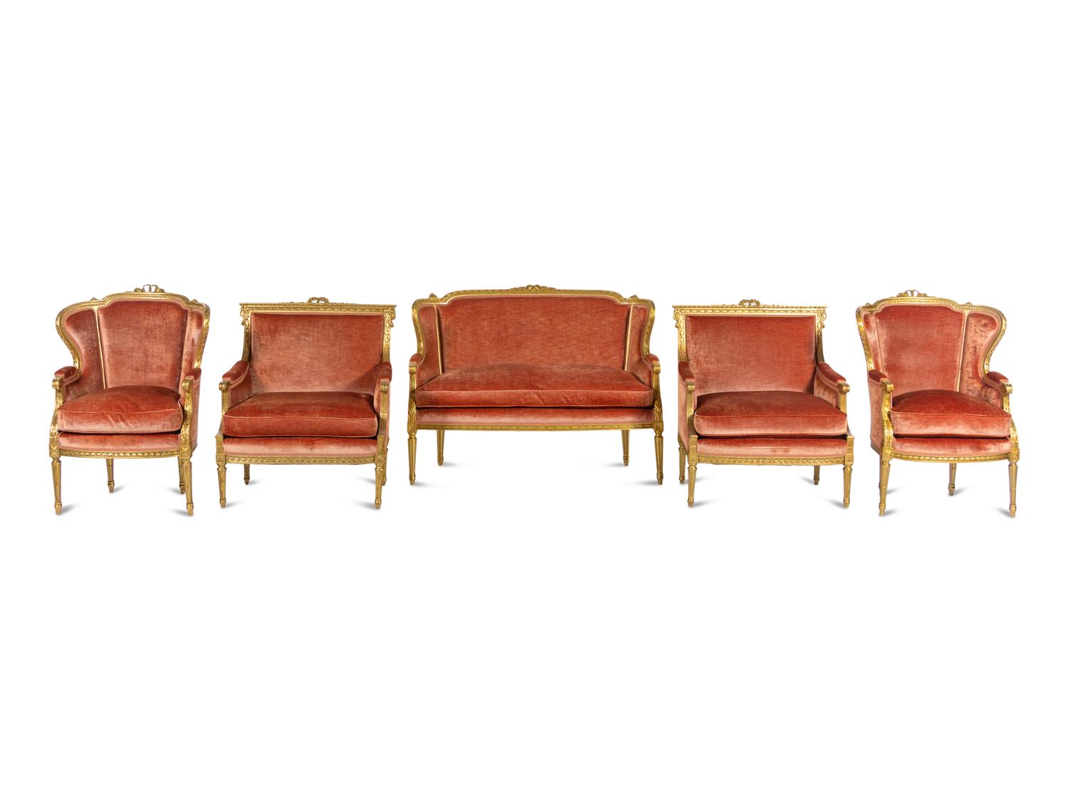 An Assembled Louis XVI Style Giltwood Seating Suite