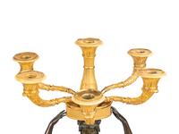 A Pair of Italian Gilt and Patinated Bronze and Marble Six-Light Candelabra