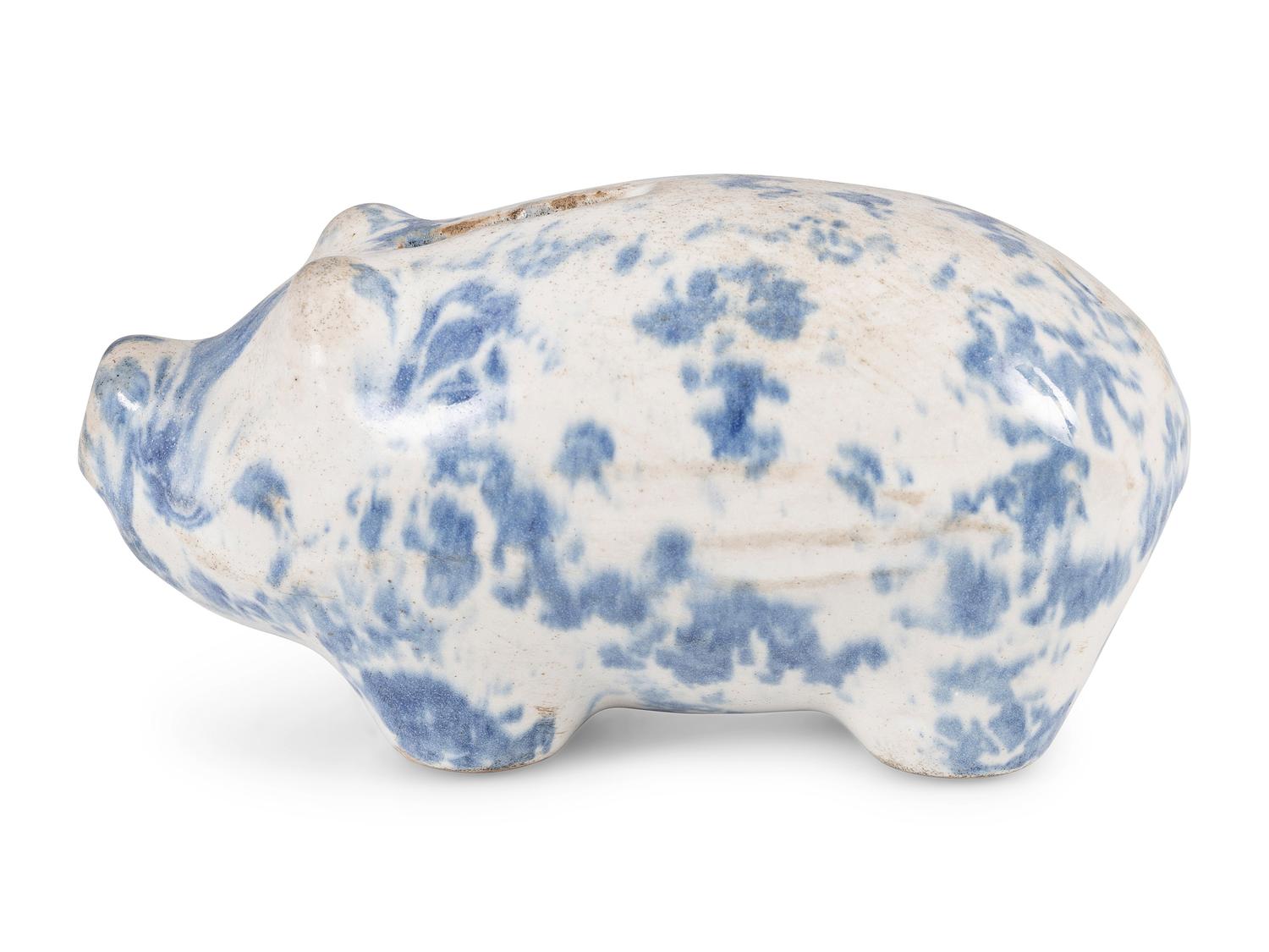 An Ohio Blue Sponge Painted Pitcher and Pig Bank