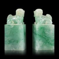A Pair of Chinese Carved Jadeite Seals — 翡翠獅鈕方章一對
