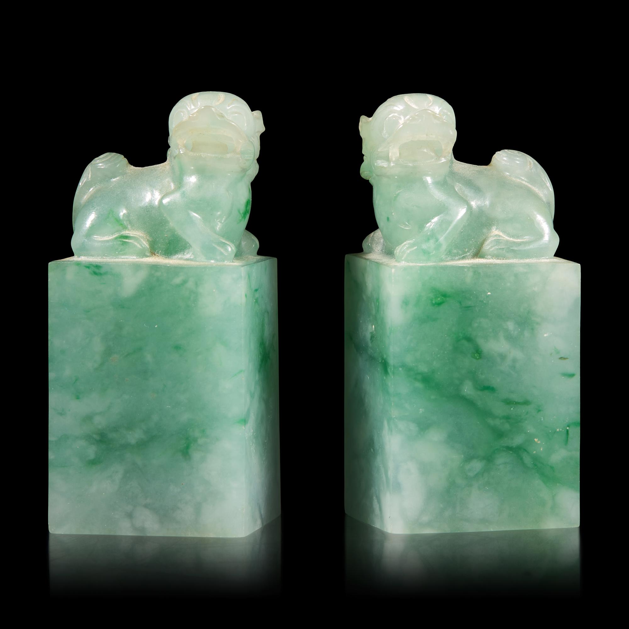 A Pair of Chinese Carved Jadeite Seals — 翡翠獅鈕方章一對