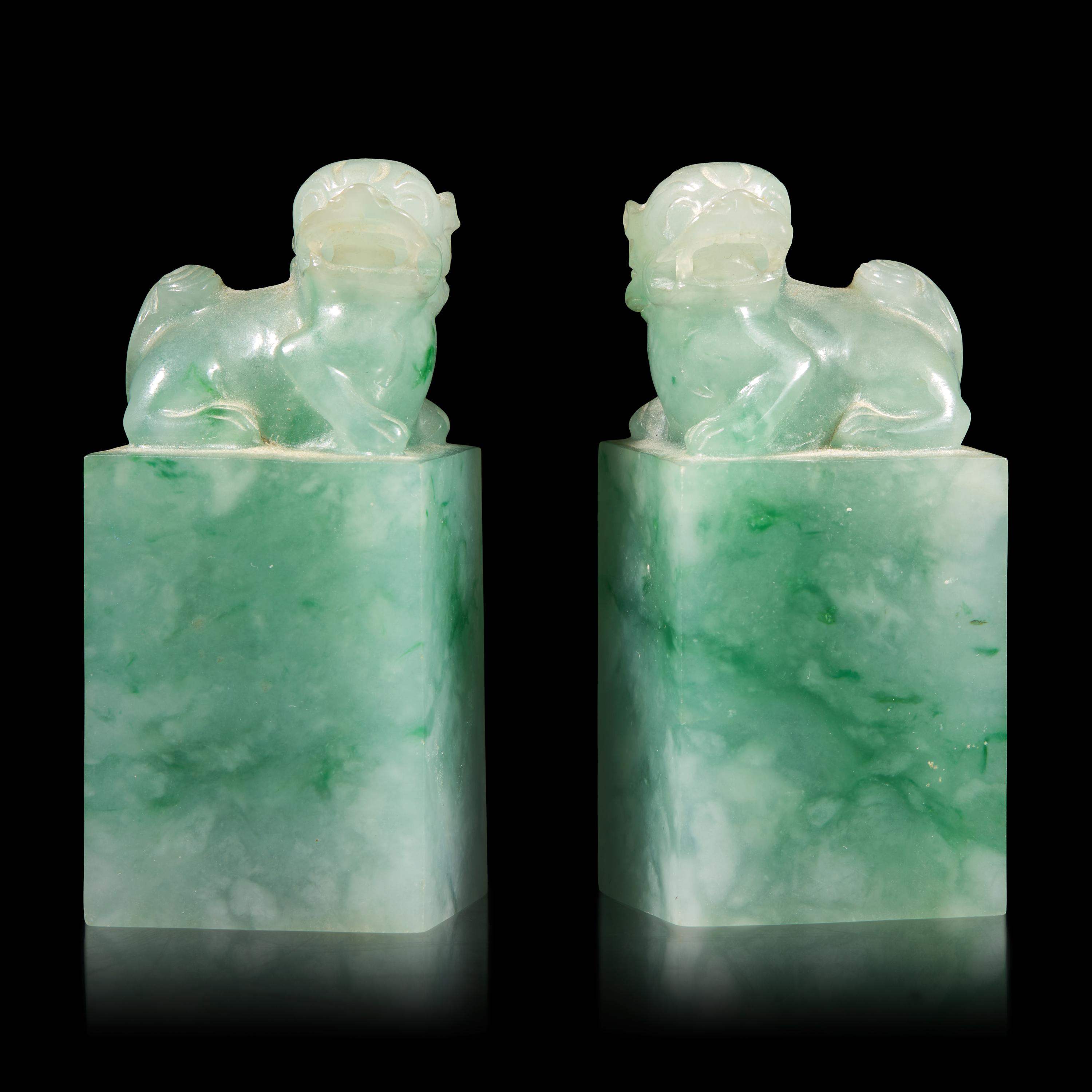 A Pair of Chinese Carved Jadeite Seals — 翡翠獅鈕方章一對