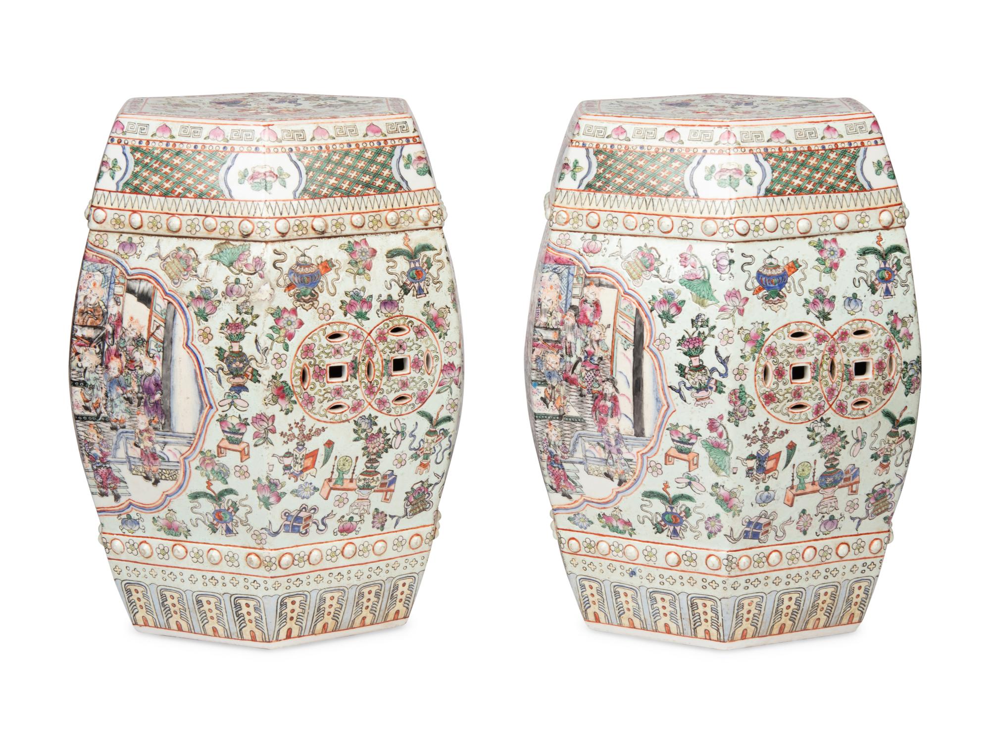 A Pair of Chinese Export Famille Rose Porcelain Garden Seats