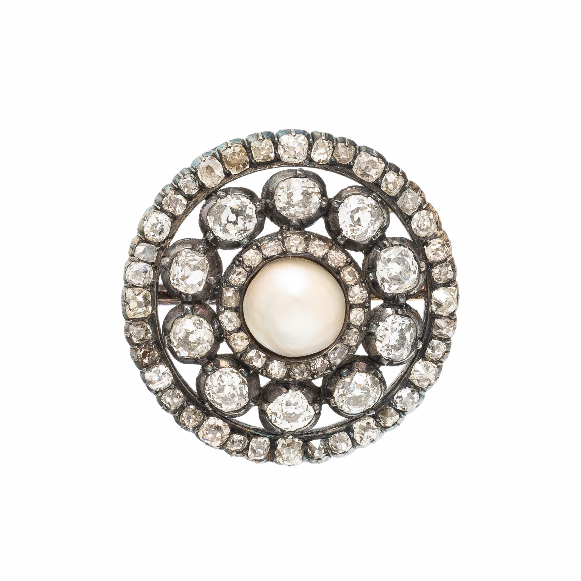 Antique, Silver-Topped Gold, Pearl, and Diamond Brooch