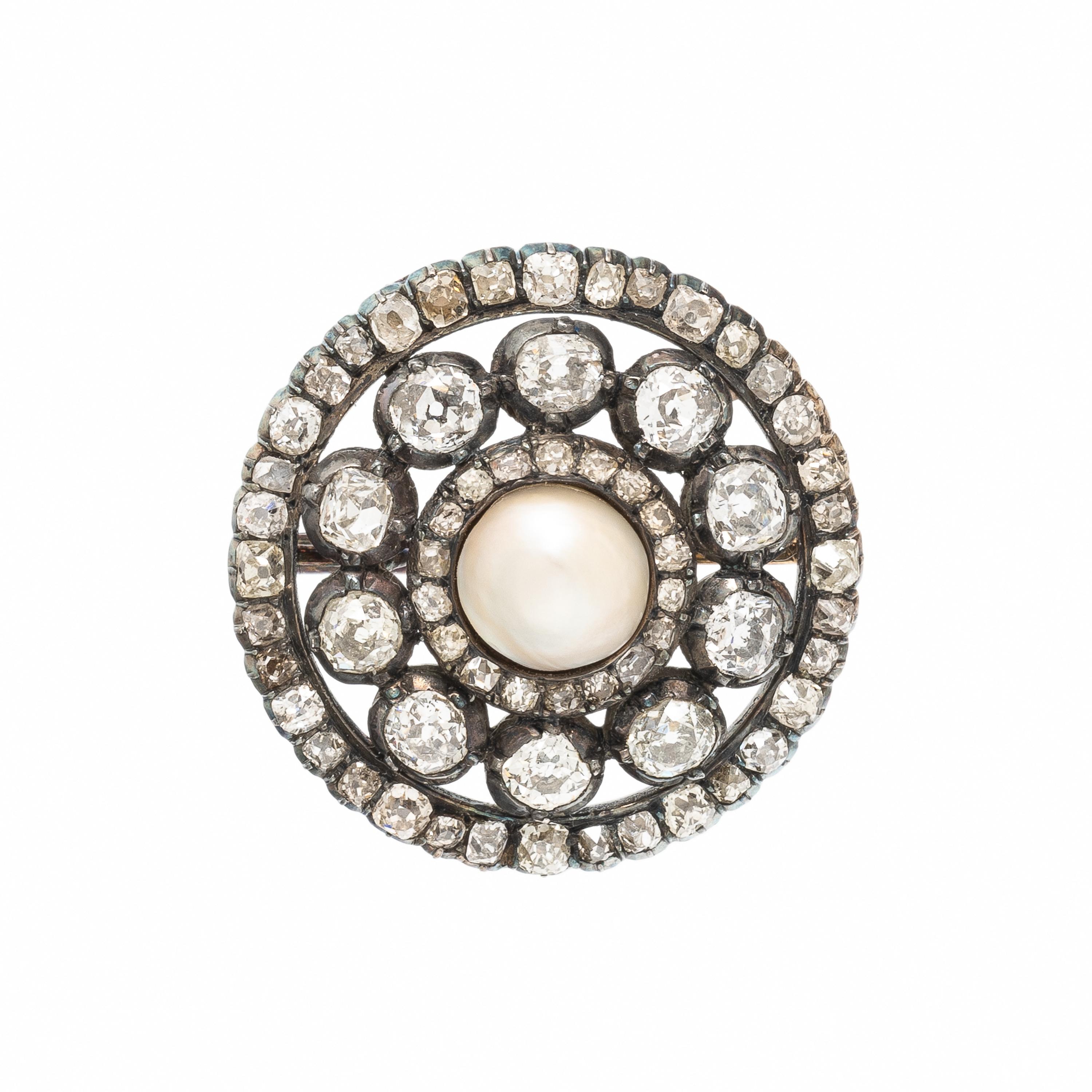 Antique, Silver-Topped Gold, Pearl, and Diamond Brooch
